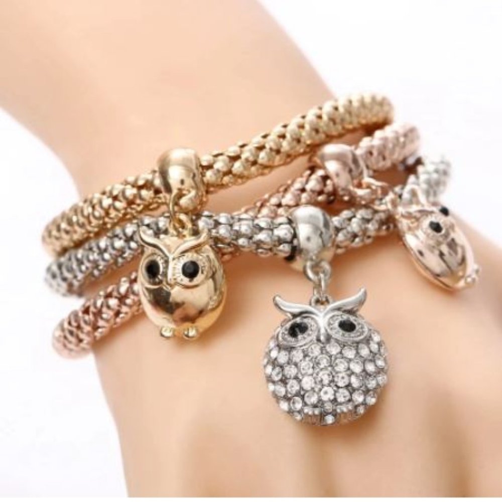 Three Piece Owl Bracelet Silver Rose Gold And Gold